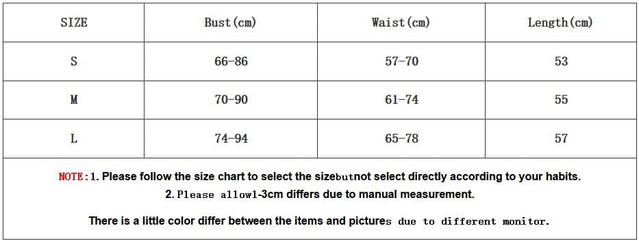 Size chart for the Moon Princess dress, with bust, waist and length measurements for S, M and L.