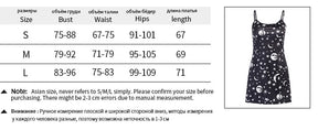 Black moon and star print mini dress size chart showing S, M and L bust, waist, hip and length measurements in centimeters.