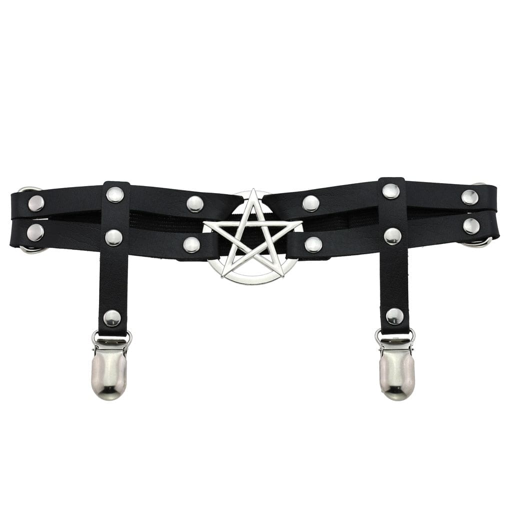 Black pentagram garter isolated on white, with two front bands, silver-tone round rivets and a pair of hanging stocking clips.