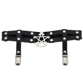 Black pentagram garter isolated on white, with two front bands, silver-tone round rivets and a pair of hanging stocking clips.