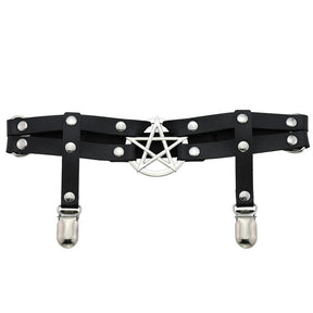 Black pentagram garter isolated on white, with two front bands, silver-tone round rivets and a pair of hanging stocking clips.