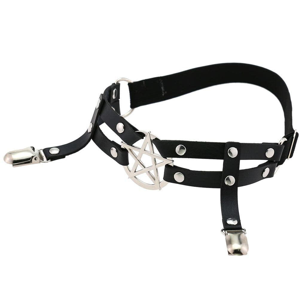 Angled top view of the black pentagram garter, showing the circular band shape, silver-tone front ring and suspended stocking clips.
