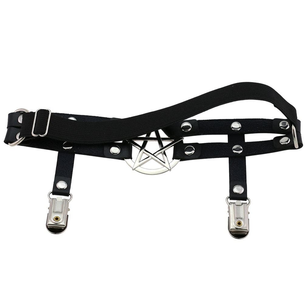 Rear view of the black thigh garter on white, revealing the elastic adjustment section behind the double front bands and dangling clips.