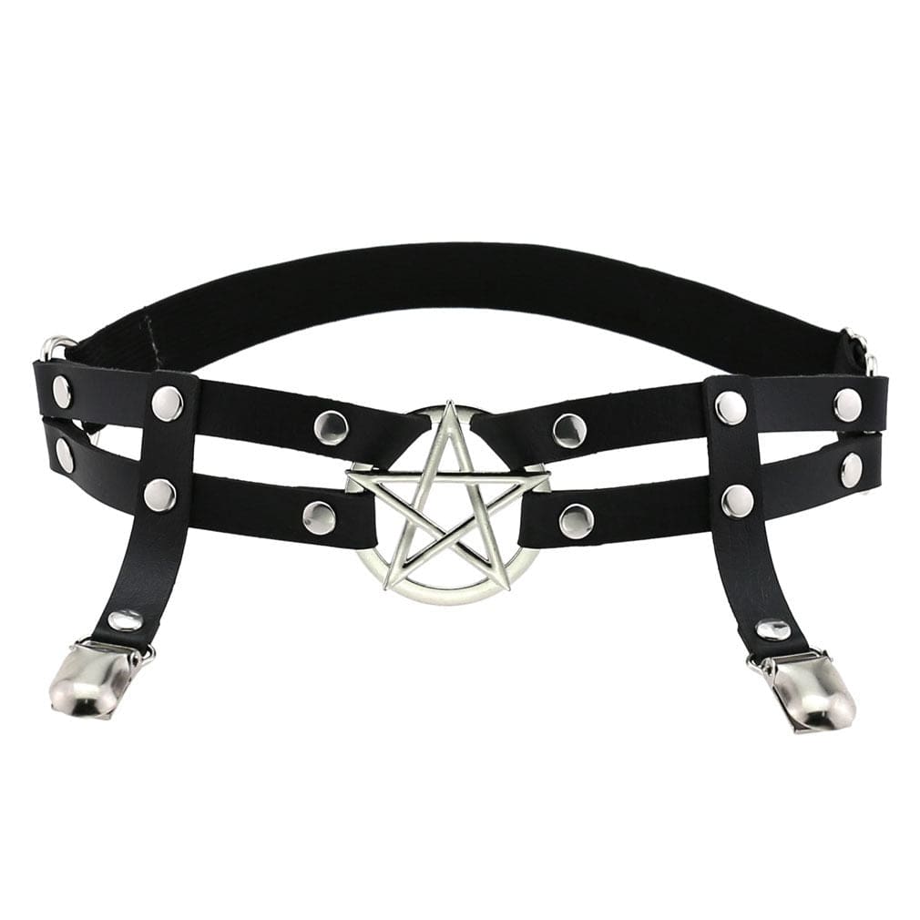 Black double-strap garter arranged in a circle on white, with the pentagram ring facing forward and two clips hanging below.