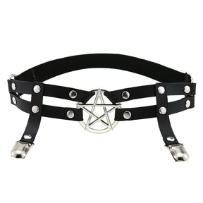Black double-strap garter arranged in a circle on white, with the pentagram ring facing forward and two clips hanging below.