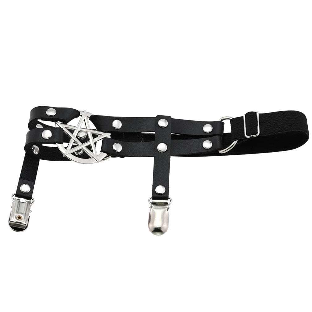 Side view of the black pentagram garter arranged on white, with the curved bands, rivet joins and stocking clips visible.