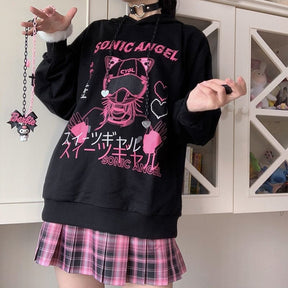 Front view of the black and pink graphic hoodie with chain drawstrings held beside the hood opening.