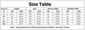 Size chart for the black graphic hoodie, listing length, bust, sleeve and shoulder measurements for S through XXL.