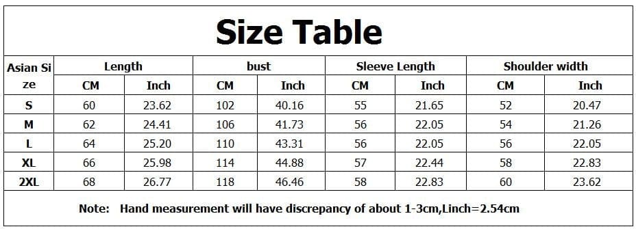 Size chart for the black graphic hoodie, listing length, bust, sleeve and shoulder measurements for S through XXL.