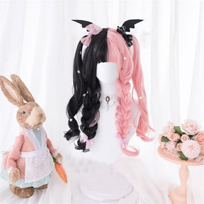 Long black and pastel pink split-color wig with full bangs and wavy lengths, displayed on a mannequin.