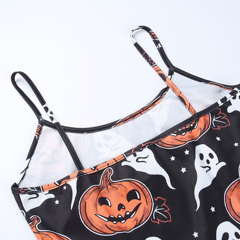 Flat view of the dress’s back neckline and two narrow black straps, with orange pumpkin and white ghost artwork below.