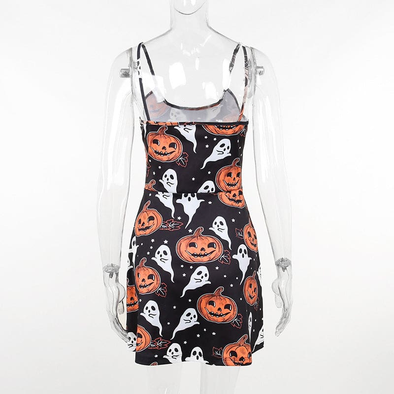 Back view of the spaghetti-strap pumpkin-and-ghost dress on a clear mannequin, with the all-over print continuing across the back and skirt.