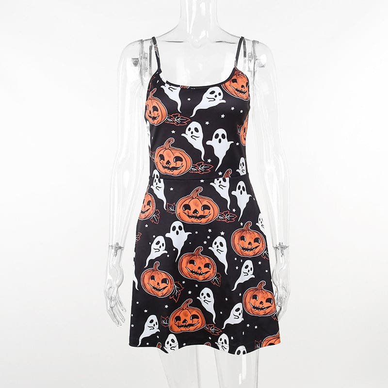 Front view of the sleeveless pumpkin-and-ghost dress on a clear mannequin, showing thin straps, a scoop neckline and a gently flared mini skirt.