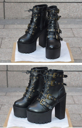 Two views of black punk boots displayed on a box, comparing their lace-up fronts, buckle straps and side profiles.