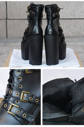 Collage showing the buckle boots from behind, close-up brass-tone hardware and the interior beside an open zip.