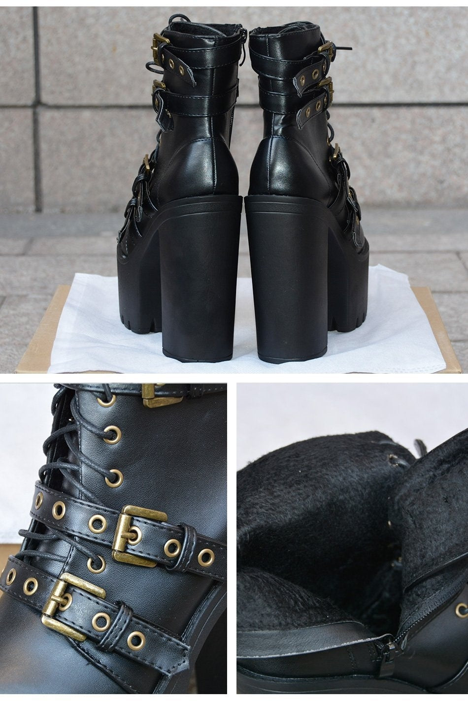 Collage showing the buckle boots from behind, close-up brass-tone hardware and the interior beside an open zip.