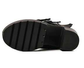 Underside of a black platform boot showing deep forefoot grooves and a separate block heel.