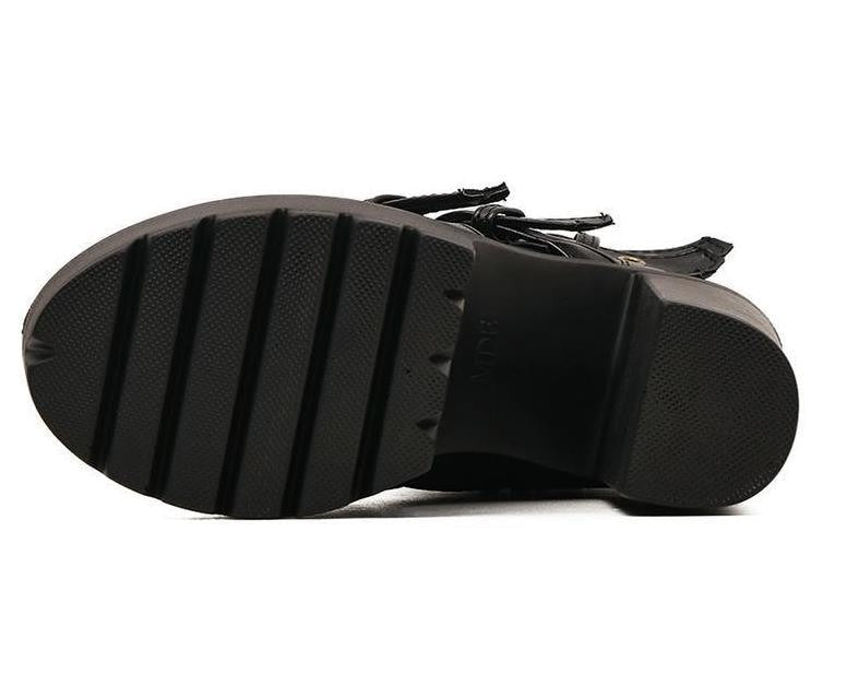 Underside of a black platform boot showing deep forefoot grooves and a separate block heel.