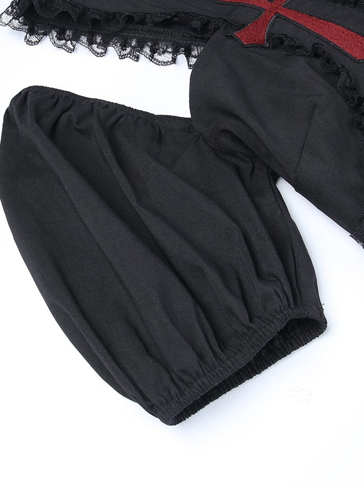 Flat detail of a short black puff sleeve with gathered upper and lower edges, beside the lace-edged chest panel.