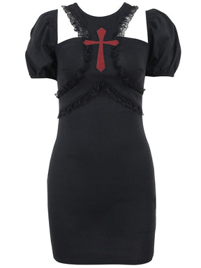 Black fitted mini dress isolated against white, showing the red cross, lace trim, chest cutouts, short puff sleeves and straight hem.