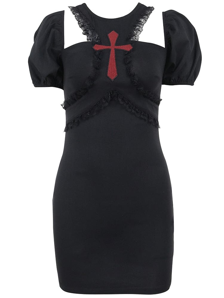 Black fitted mini dress isolated against white, showing the red cross, lace trim, chest cutouts, short puff sleeves and straight hem.