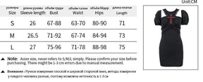Measurement chart for the black red-cross puff-sleeve dress, listing bust, waist, hips, sleeve and dress length in centimetres for S, M and L.