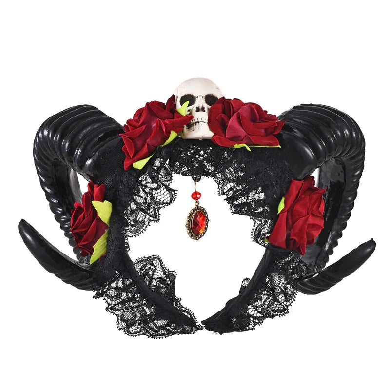 Demon horn headband with black curled horns, red roses, a skull and a hanging red accent.