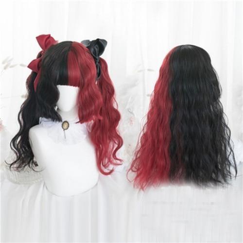 Front and rear views of the black-and-red curly wig, showing full bangs, contrasting bows and long waves divided into red and black sections.