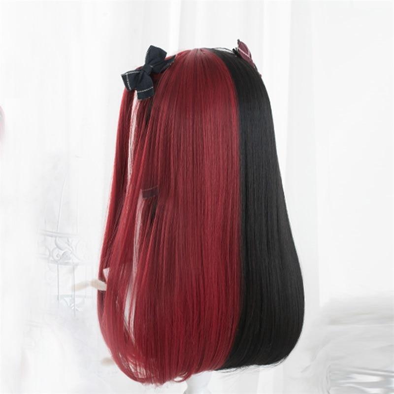 Rear view of the long black-and-red wig, showing two smooth contrasting color sections, gently curved ends and a small black bow near the crown.