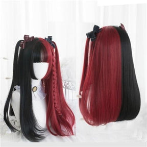 Side-by-side front and rear mannequin views of the long split-color wig, contrasting the bow-and-braid styling at the front with the smooth red-and-black back.