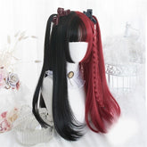 Long black-and-red split-color wig with full bangs on a white mannequin, styled with high side ponytails, small bows and a narrow braid on the red side.