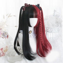 Long black-and-red split-color wig with full bangs on a white mannequin, styled with high side ponytails, small bows and a narrow braid on the red side.