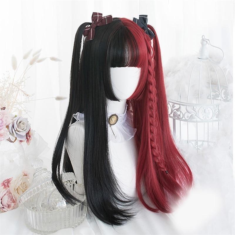 Long black-and-red split-color wig with full bangs on a white mannequin, styled with high side ponytails, small bows and a narrow braid on the red side.