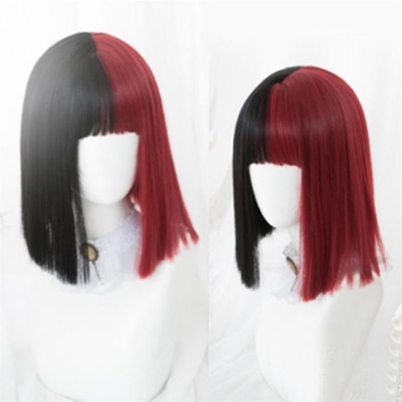 Two mannequin views of the short black-and-red bob wig, showing the straight split-color fringe, center color division and blunt ends.