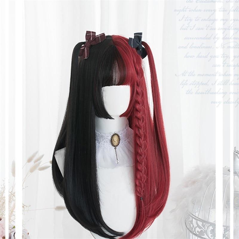 Long straight black-and-red wig with full bangs, styled with high side sections, small bows and a thin red braid, photographed on a white mannequin in a pale room.