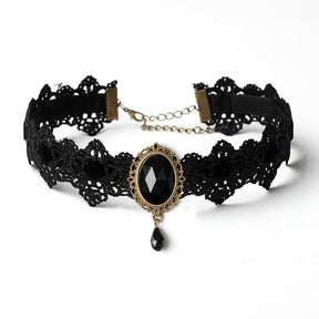 Black lace choker with an ornate oval centerpiece and hanging teardrop in the Black ribbon and jewel option.