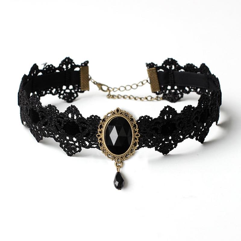 Black lace choker with an ornate oval centerpiece and hanging teardrop in the Black ribbon and jewel option.