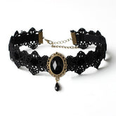 Black lace choker with an ornate oval centerpiece and hanging teardrop shown in a second view of the Black option.