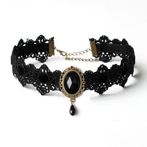 Black lace choker with an ornate oval centerpiece and hanging teardrop shown in a second view of the Black option.