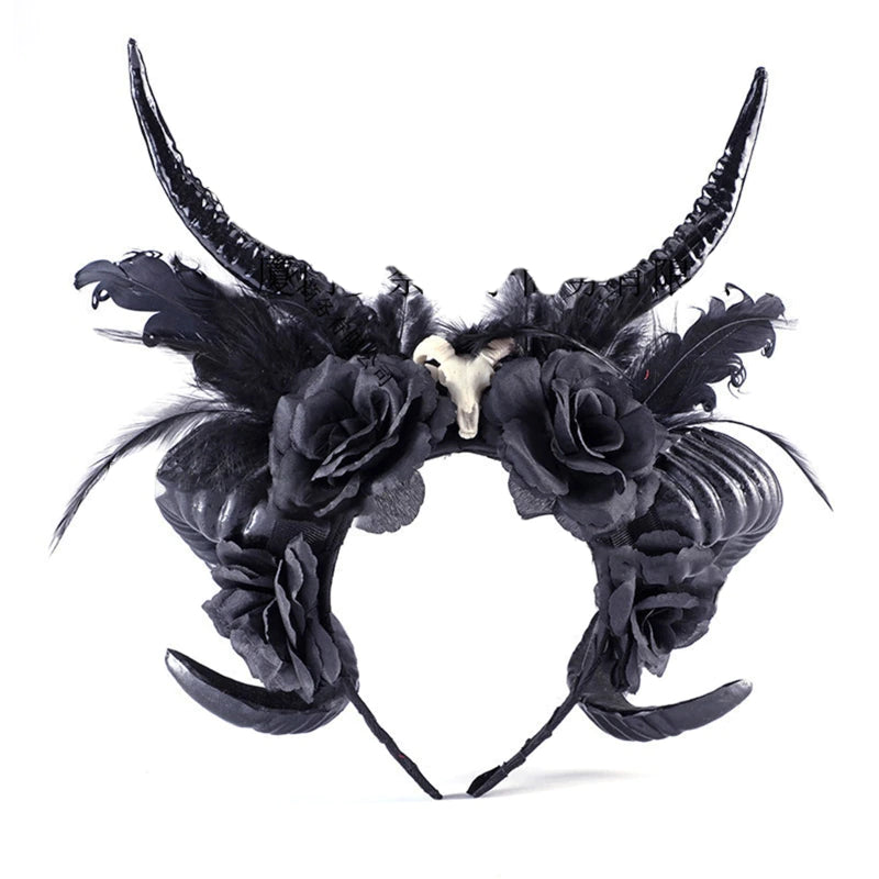 Demon horn headband with tall and curled black horns, black roses and a small skull detail.