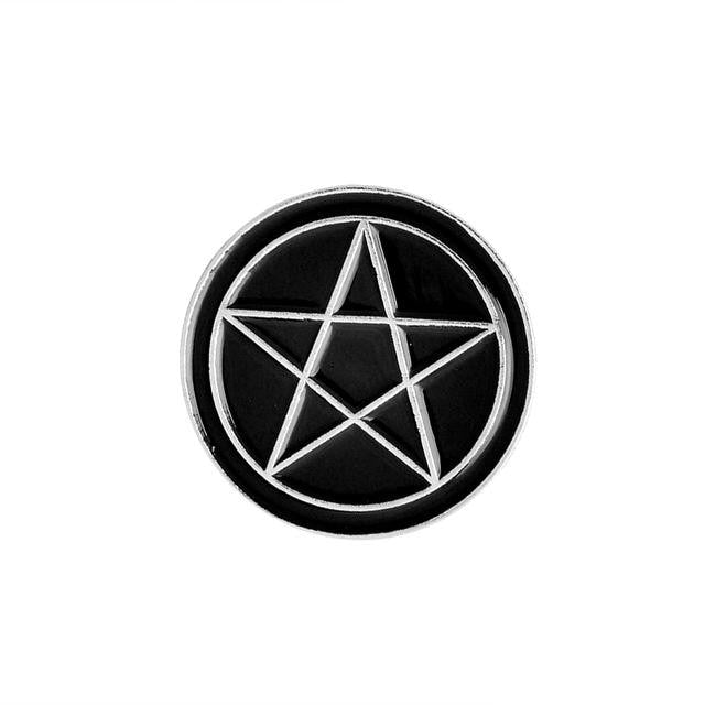 Round black pentagram pin outlined in silver tone, with the five-pointed star enclosed by a circular border.