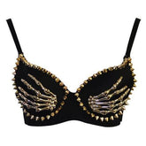 Gothic embellished bra in Black with gold-tone skeleton hands and pointed studs around the cups.