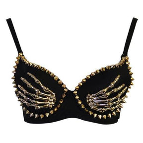 Gothic embellished bra in Black with gold-tone skeleton hands and pointed studs around the cups.
