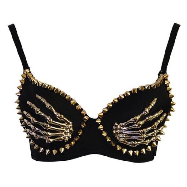 Gothic embellished bra in Black with gold-tone skeleton hands and pointed studs around the cups.