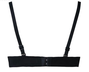 Gothic embellished bra showing the Black version’s adjustable straps and rear hook fastening.