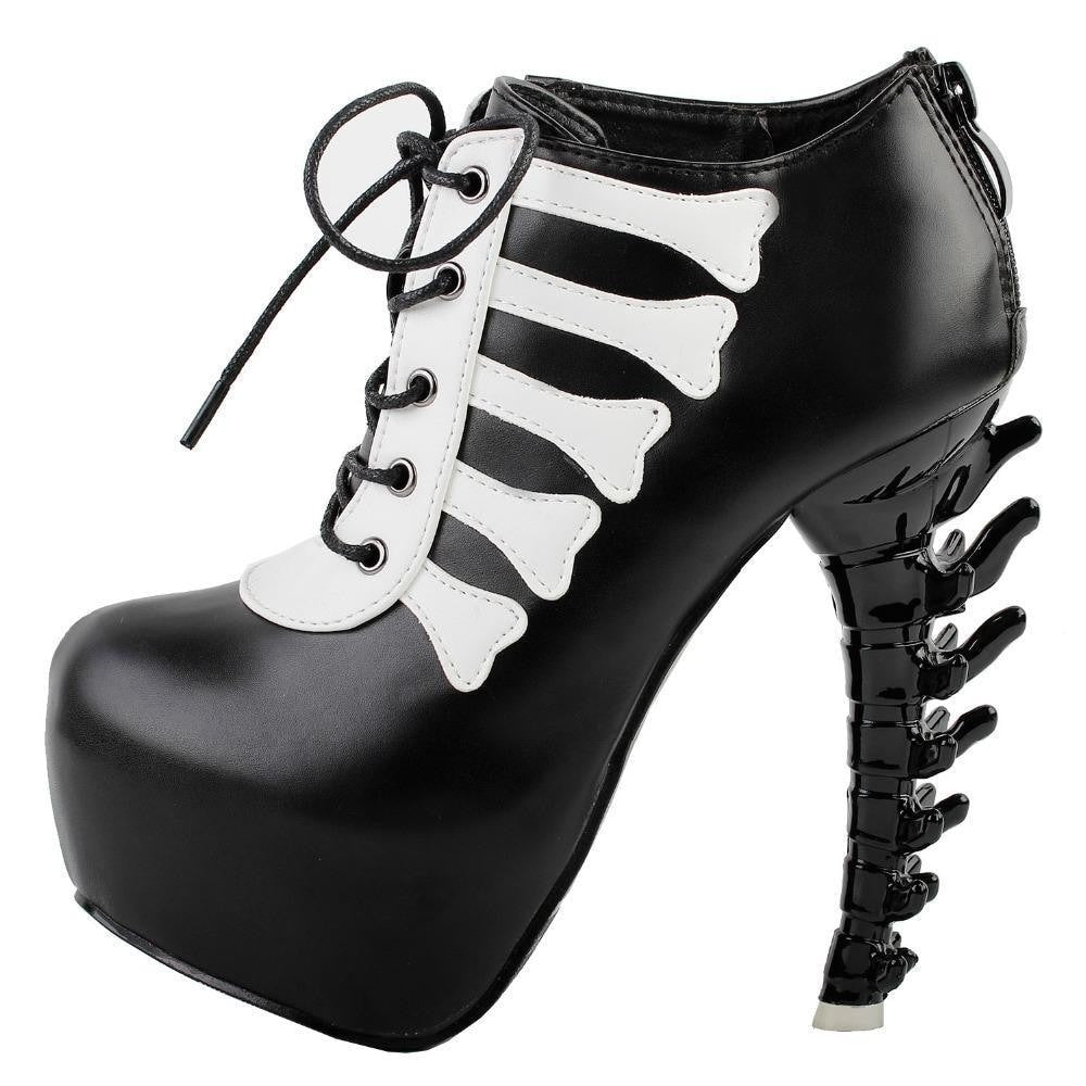 Black bone-trimmed platform ankle boot shown from the opposite side, with lacing over the rounded toe and a sculpted heel.