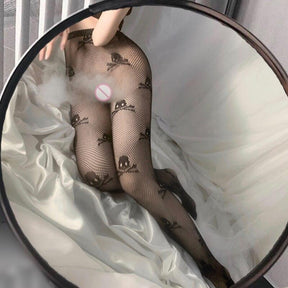 Black fishnet tights with repeating skull-and-crossbones motifs on a fine mesh background
