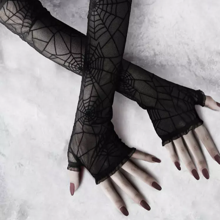Black spiderweb gloves shown as crossed fingerless gloves with the fingertips exposed.