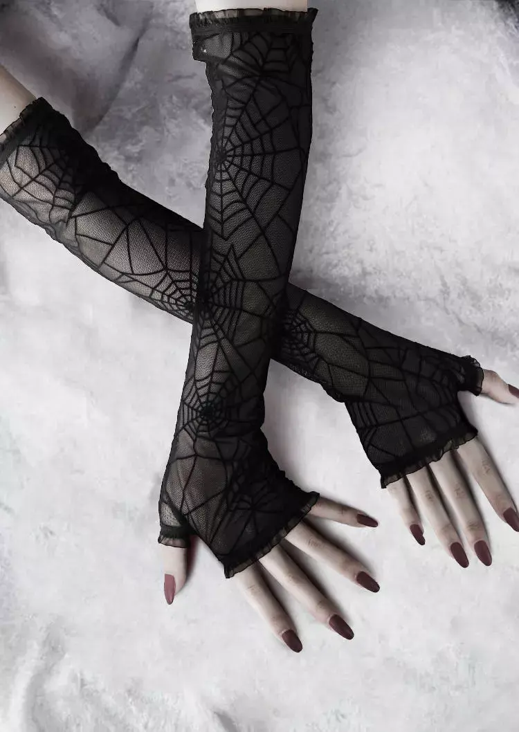 Black spiderweb gloves shown in a closer view of the fingerless hand openings.