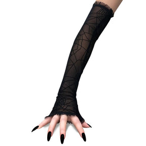 Black spiderweb gloves shown as a single fingerless glove from elbow to hand.